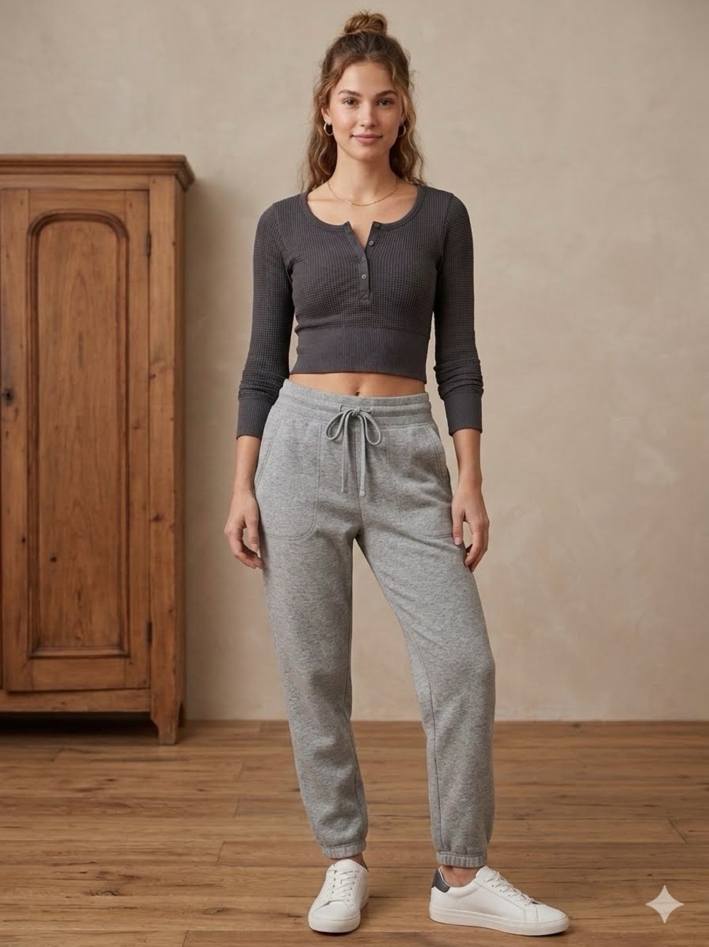 Aerie Offline Waffle Cropped Henley Long Sleeve Top Gray
